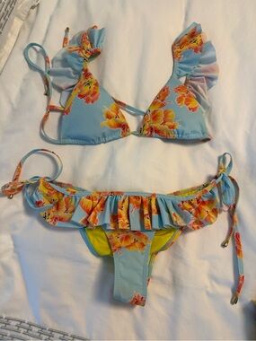 Floral Ruffle Triangle Bikini Top and Tie-Side Bottom - Light Blue